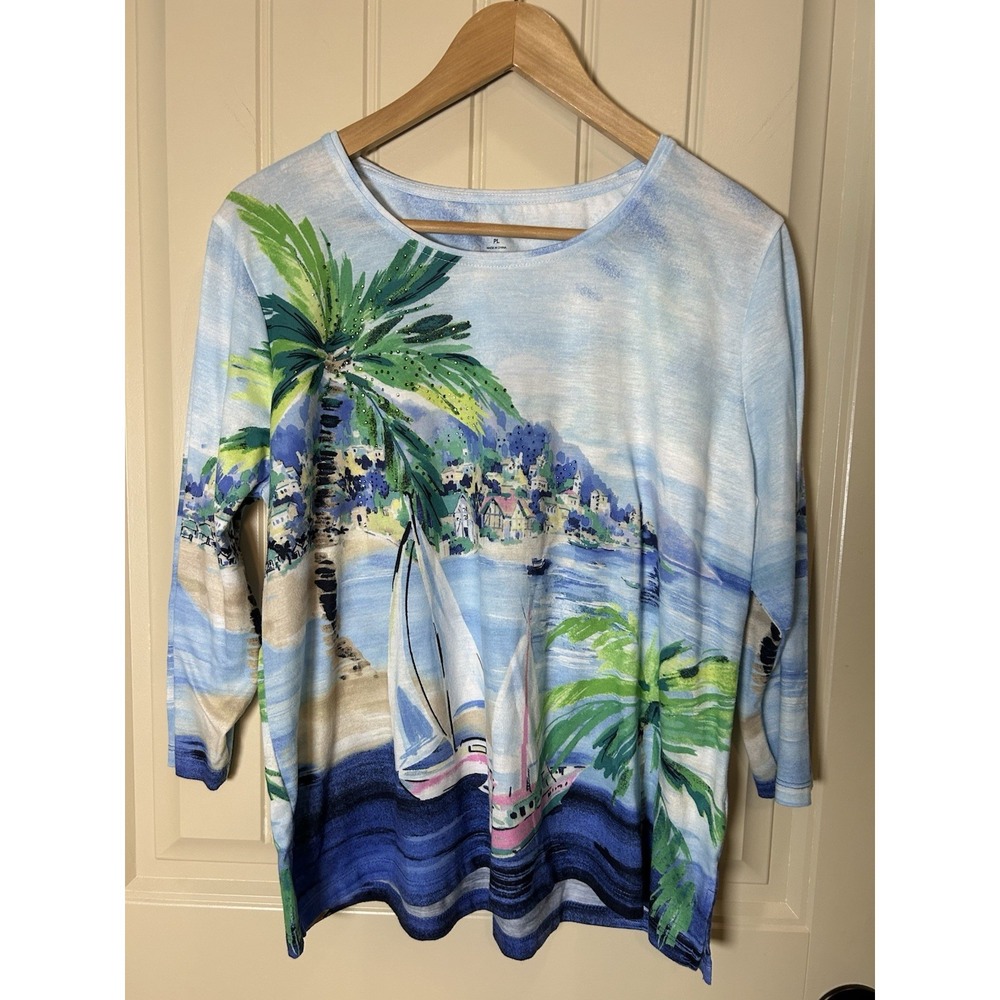 Allison Daley Sail Boat Village Print Embellished Knit Top PL Costal Resort